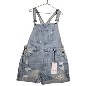 C'est Toi Black Label Distressed Denim Shortalls Light Wash Overalls Large NWT